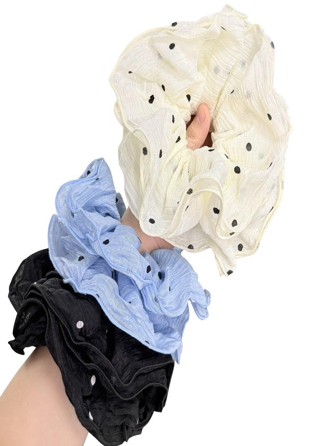 Jseng 3PCS Satin Silk Scrunchies for Hair, Large Hair Ties with Polka Dots, Beige, Pink and Black - Image 1
